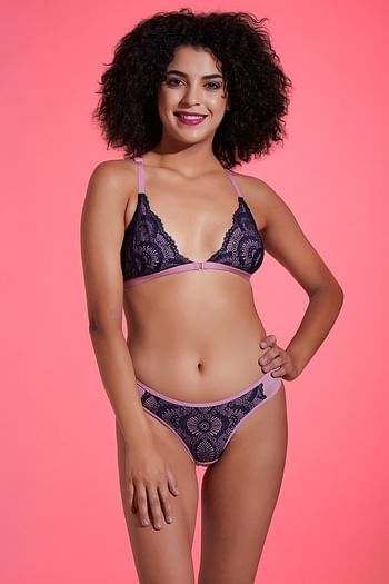 Front listing image for Non-Padded Non-Wired Demi Cup Front Open Bralette & Low Waist Bikini Panty with Lace Insert