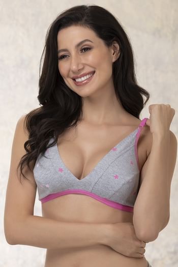 Front listing image for Non-Padded Non-Wired Demi Cup Star Print Plunge Bra in Grey- Cotton Rich
