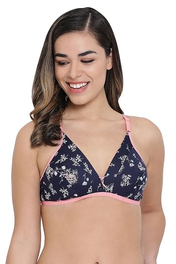 Front listing image for Non-Padded Non-Wired Floral Print Bra in Navy Blue - Cotton Rich	