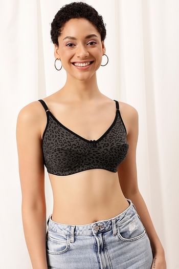 Front listing image for Non-Padded Non-Wired Full Cup Animal Print Bra in Dark Grey - Cotton