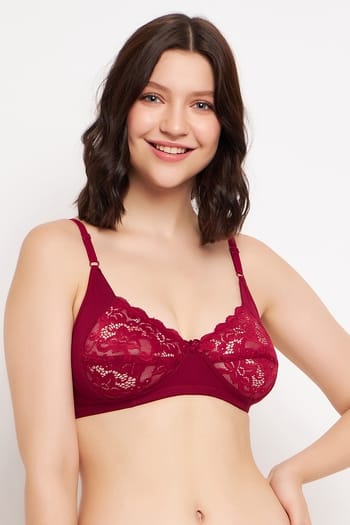 Clovia Non-Padded Non-Wired Full Cup Bra in Maroon - Lace
