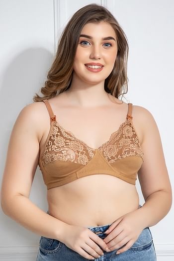 Back listing image for Non-Padded Non-Wired Full Cup Feeding Bra in Beige - Cotton & Lace