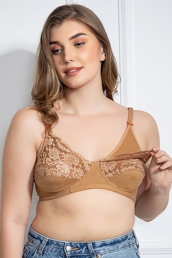 Front listing image for Non-Padded Non-Wired Full Cup Feeding Bra in Beige - Cotton & Lace