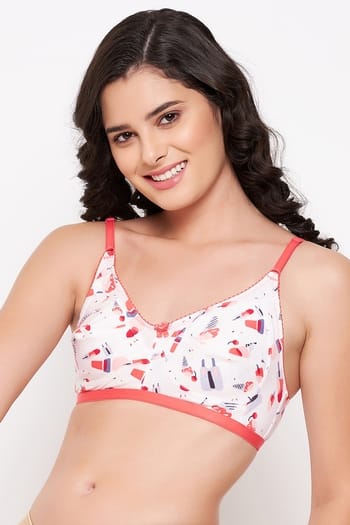 Clovia Non-Padded Non-Wired Full Cup Ice Cream Print Full-Figure Bra in White - 100% Cotton