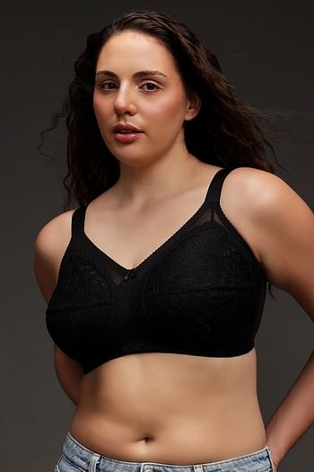 Front listing image for Non-Padded Non-Wired Full Coverage Minimizer Bra in Black - Lace