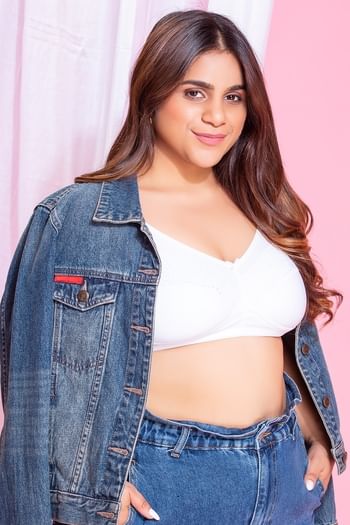 Back listing image for Non-Padded Non-Wired Full Figure Bra in White- Cotton & Lace