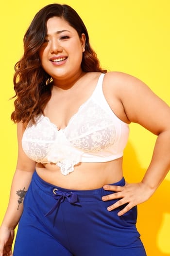 Clovia Non-Padded Non-Wired Full Figure Bra in White - Lace