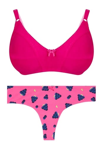 Clovia Non-Padded Non-Wired Full Figure Bra & Low Waist Fruit Print Thong Set in Pink - Cotton