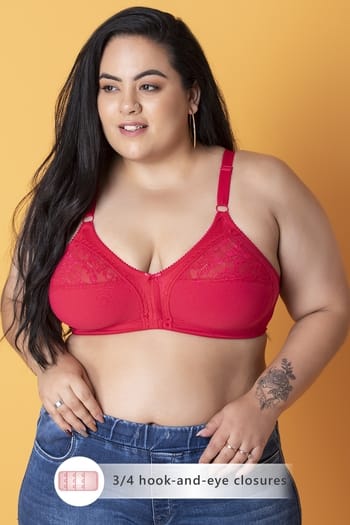 Clovia Non-Padded Non-Wired Full-Figure M-Frame Bra in Red - Cotton & Lace