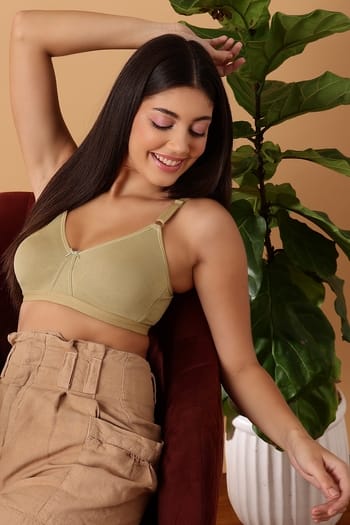 Clovia Non-Padded Non-Wired Full Figure T-shirt Bra in Olive Green - Cotton