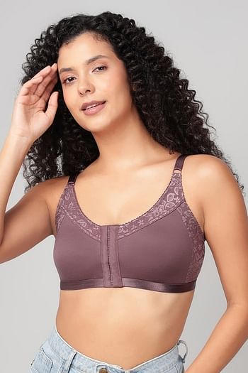 Front listing image for Non-Padded Non-Wired Spacer Cup Easy-On Front Open Full Figure Bra in Dark Mauve - Cotton