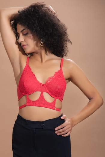 Clovia Non-Padded Underwired Demi Cup Longline Bralette in Red - Lace