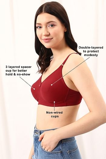 Back listing image for Non-Padded Non-Wired Full Coverage Spacer Cup T-shirt Bra in Maroon - Cotton