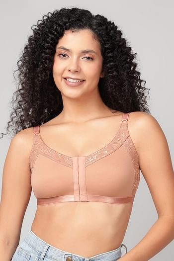 Front listing image for Non-Padded Non-Wired Spacer Cup Easy-On Front Open Full Figure Bra in Nude Colour - Cotton