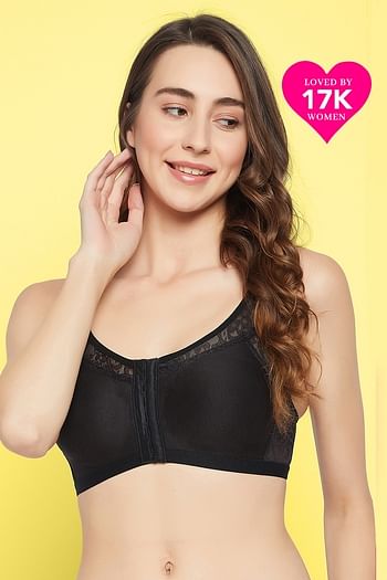 Front listing image for Non-Padded Non-Wired Spacer Cup Easy-On Front Open Full Figure Bra in Black - Cotton Rich