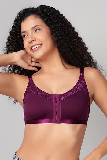 Front listing image for Non-Padded Non-Wired Spacer Cup Easy-On Front Open Full Figure Bra in Wine Colour - Cotton Rich