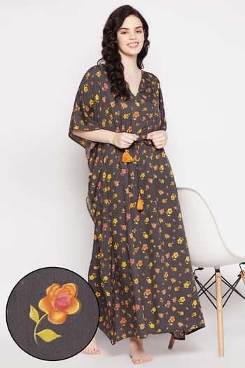 Front listing image for Pretty Florals Long Kaftan in Dark Grey - Crepe