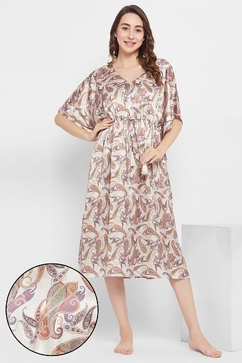 Front listing image for Paisley Print Short Kaftan in Nude Colour - Satin	