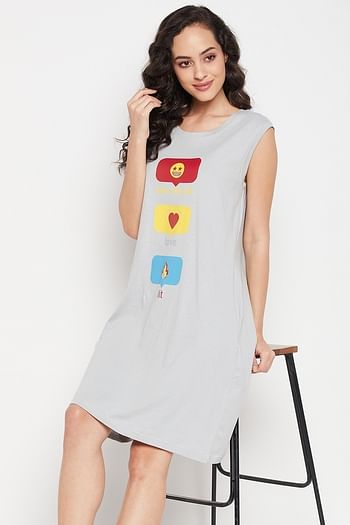 Front listing image for Graphic Emoji Print Short Night Dress in Light Grey - 100% Cotton