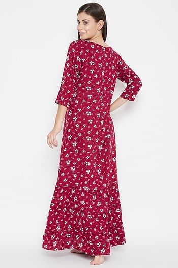Back listing image for Pretty Florals Long Nighty in Maroon - Cotton Rich	