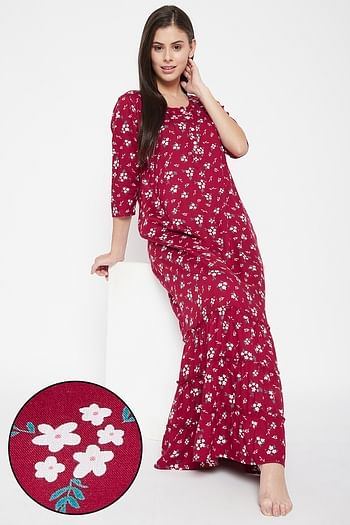 Front listing image for Pretty Florals Long Nighty in Maroon - Cotton Rich	