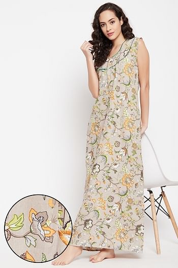 Front listing image for Pretty Florals Long Nighty in Beige - Cotton