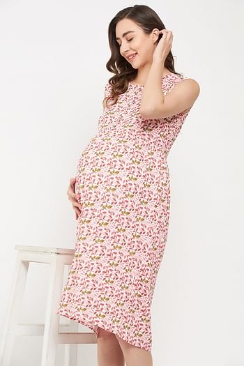 Front listing image for Maternity Leaf Print Sleep Dress in White - Rayon