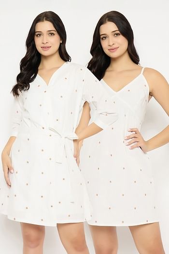 Back listing image for Floral Embroidery Short Night Dress & Robe Set in White - 100% Cotton