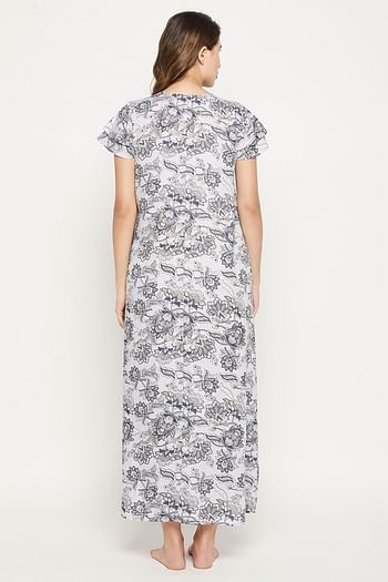 Back listing image for Paisley Print Long Night Dress in Baby Blue - Rayon