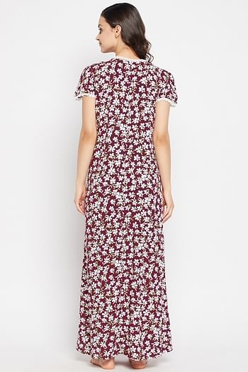 Back listing image for Pretty Florals Long Night Dress in Maroon - Rayon