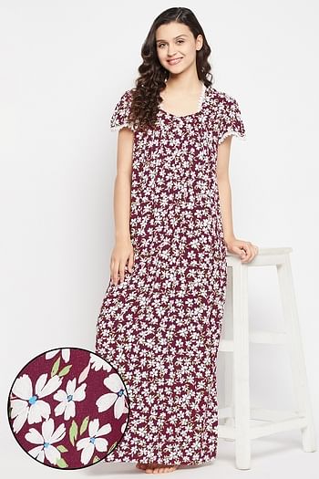 Front listing image for Pretty Florals Long Night Dress in Maroon - Rayon