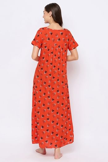 Back listing image for Geometric Print Long Night Dress in Red - Rayon