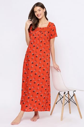 Front listing image for Geometric Print Long Night Dress in Red - Rayon