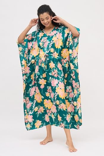 Front listing image for Floral Print Long Kaftan in Teal Green - Satin