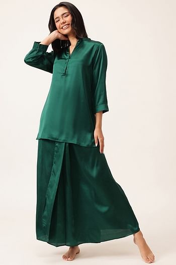 Front listing image for Kurti & Dhoti Set in Bottle Green - Satin