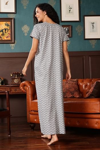 Back listing image for Geometric Print Long Nighty in Dark Grey - 100% Cotton	