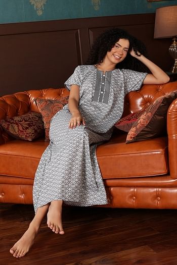 Front listing image for Geometric Print Long Nighty in Dark Grey - 100% Cotton	