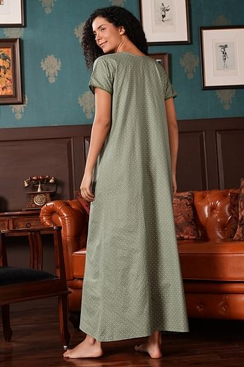 Back listing image for Printed Long Nighty in Sage Green - 100% Cotton	