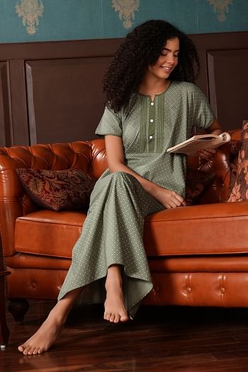 Front listing image for Printed Long Nighty in Sage Green - 100% Cotton	