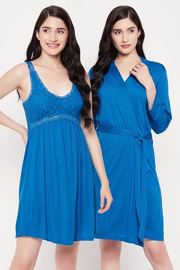 Back listing image for Chic Basic Robe & Night Dress Set in Cobalt Blue - Cotton