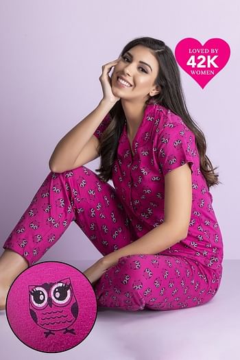 Front listing image for Owl Print Button Down Shirt & Pyjama Set in Magenta - 100% Cotton 