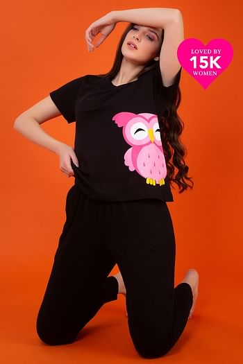Front listing image for Owl Print Top & Pyjama in Black - 100% Cotton