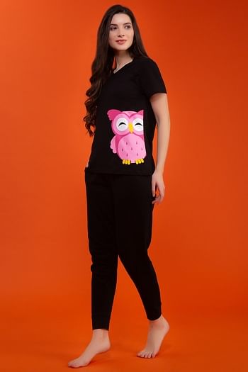 Back listing image for Owl Print Top & Pyjama in Black - 100% Cotton
