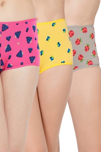 Clovia Pack of 3 Mid Waist Fruit Print Boyshorts - Cotton