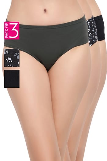 Clovia Pack of 3 Mid Waist Inner Elastic Hipsters - Cotton