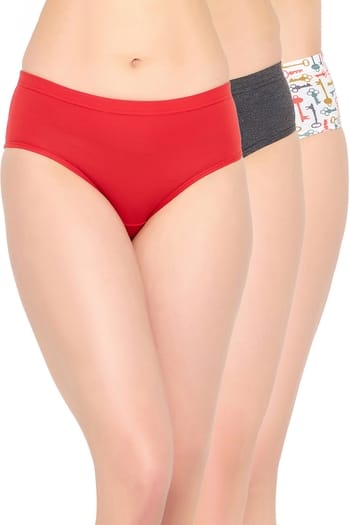 Clovia Pack of 3 Mid Waist Hipster Panties with Inner Elastic - 100% Cotton