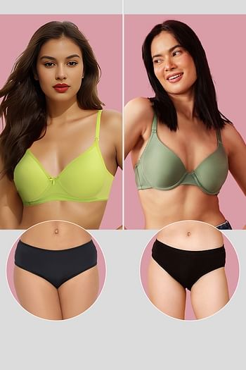 Back listing image for Pack of 4 Level 1 Push-up Padded Demi Cup T-shirt Bras & Mid Waist Hipster Panties