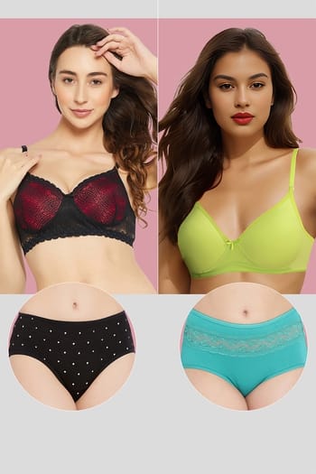 Clovia Pack of 4 Padded wire-free bras & hipster panties