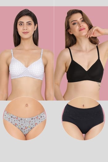 Clovia Pack of 4 Padded Bras & Panties - Cotton