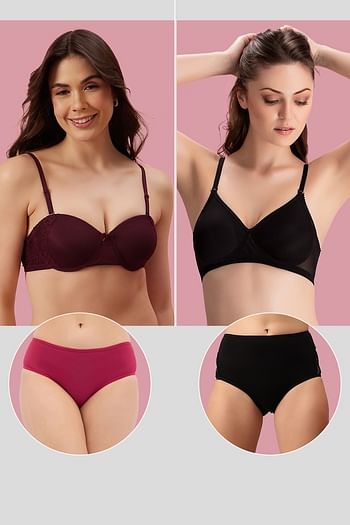 Front listing image for Pack of 4 Padded Multiway Bras & Solid Hipster Panties